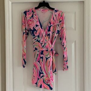 Lilly Pulitzer Pink and Navy Long Sleeve Wrap Romper dress